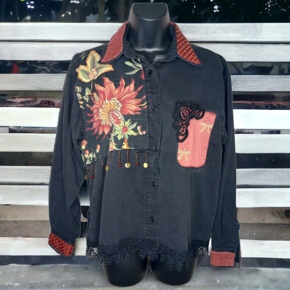 Rhea's Fun Fashion Lace Floral Embellished Canvas Shirt Jacket Shacket Boho Sz M - Picture 1 of 16